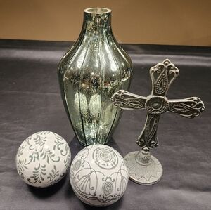 Green Elegant Decorative Ceramic Balls, Mercury Look Vase and Metal Cross stand